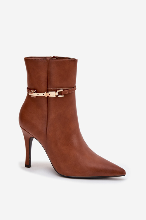 Women's heeled ankle boots with strap and gold element insulated Camel Bellisse