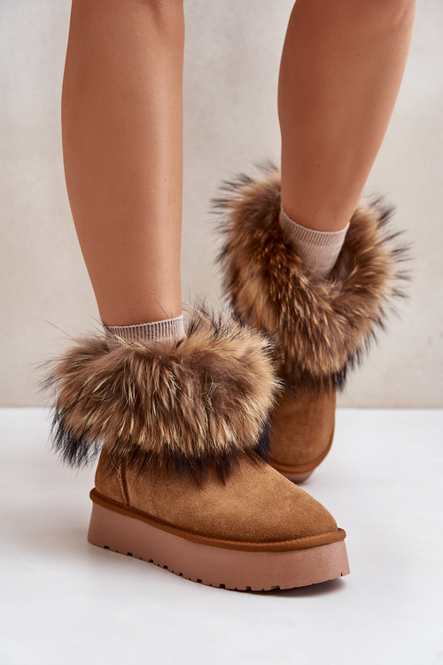 Leather Snow Boots On A Platform With Fur Camel Avirisa