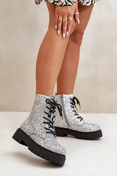 Insulated Ankle Boots Workers Women's Decorated With Sequins Silver Liatheine