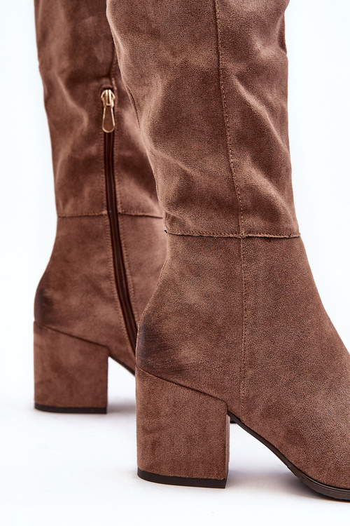 Kozaki Damskie Przed Kolano Zamsz Beżowe Favana 58192