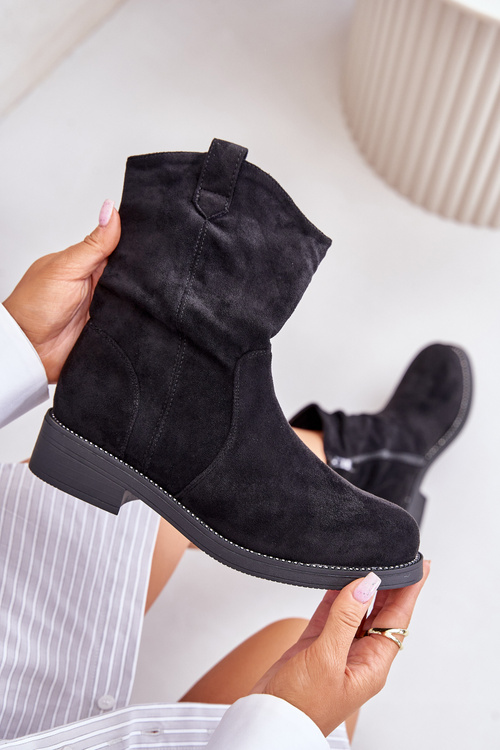 Warm Women's Ankle Boots With Wrinkling And Decoration Black Etteara
