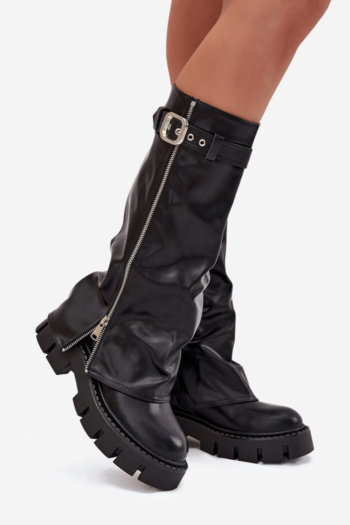 Insulated boots with turned collar buckle and silver zipper Black Armena