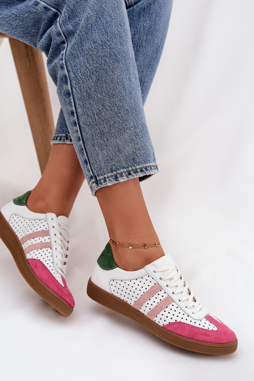 Leather perforated women's sneakers Zazoo N1318 White-Pink