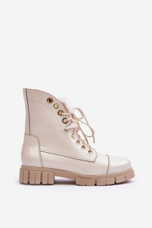 Leather Women's Boots With Faux Fur Light Beige Lewski 3296