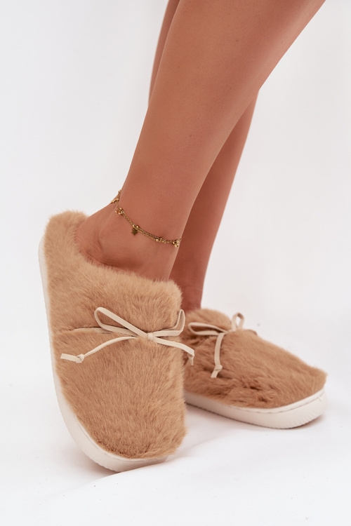 Furry slippers with bow Camel Minella