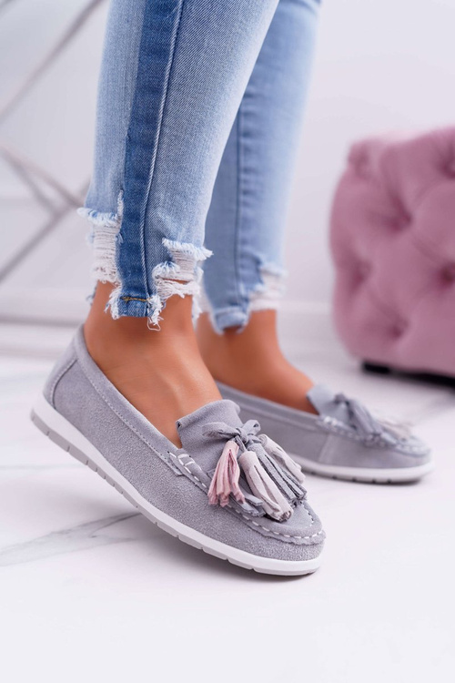 Women's Leather Suede Fringed Moccasins Grey Batist
