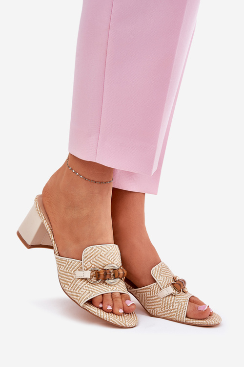 Damskie Klapki Z Ozdobą Na Obcasie Beżowe Ovittole