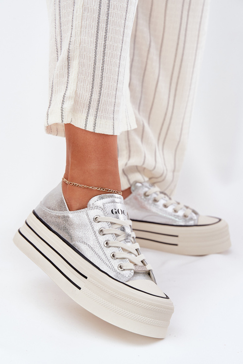 Women Leather Sneakers On Platform GOE RR2N4108 Silver