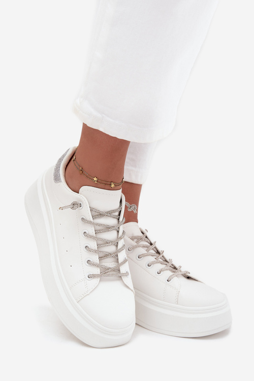 Women's Sneakers on Platform with Decorative Lacing and Glitter White Belmira