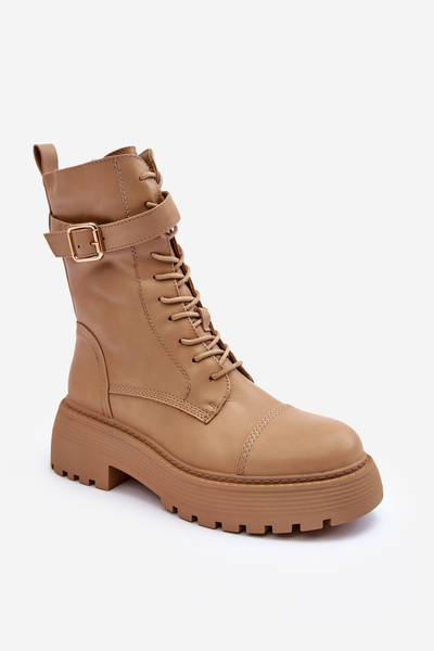 Leather Boots with Flat Heel and Clasp Closure Beige Samivlo