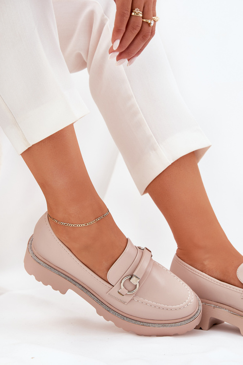 Mokasyny Eko Skórzane Zdobione Cyrkoniami Beżowe Patina