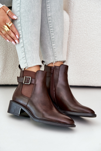 Women's Ankle Boots On Low Heel With Golden Buckle Brown Vomera