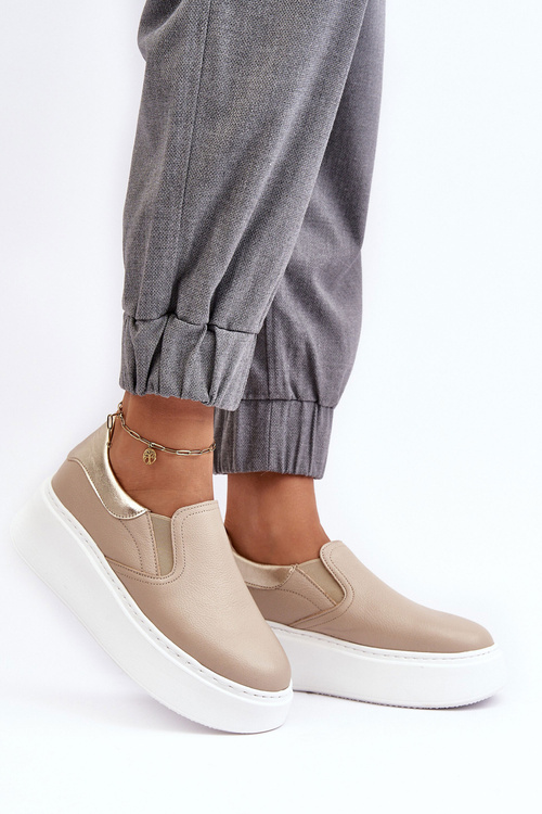 Buty Sportowe Damskie Skóra Platforma Beżowe Lemar Manish 10151