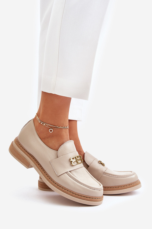 Zazoo 20174 Leather Elegant Flat Shoes For Women Beige