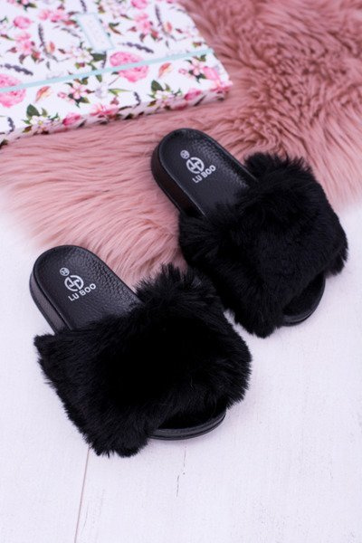 Lu Boo Children's Black Fur Flip Flops Fur XXL Poli