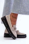 Women's Leather Platform Loafers with Chain Detail S.Barski LR618 Beige