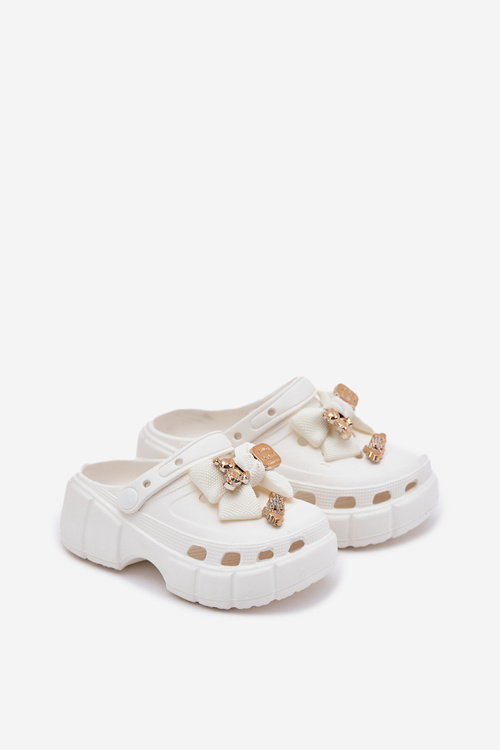 Girls Foam Slippers With Bow And Decorations White Selvana