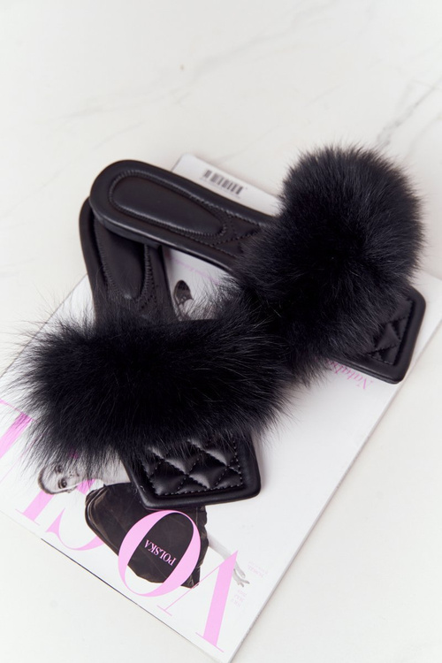 Leather Slippers With Eco Fur Black Love You So