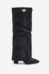 Women's Eco Suede Boots With Rolled Shaft On Heel Black Bralise