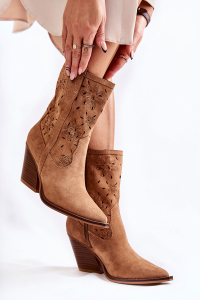 Fashionable Suede Cowboy Boots With Flowers Camel Coralie