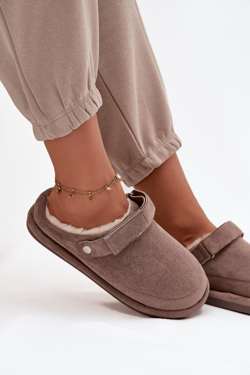Women's slippers with strap Insulated with fur Dark beige Rilena