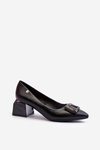 Black Faux Leather Court Shoes with Block Heel and Embellishment Sarala