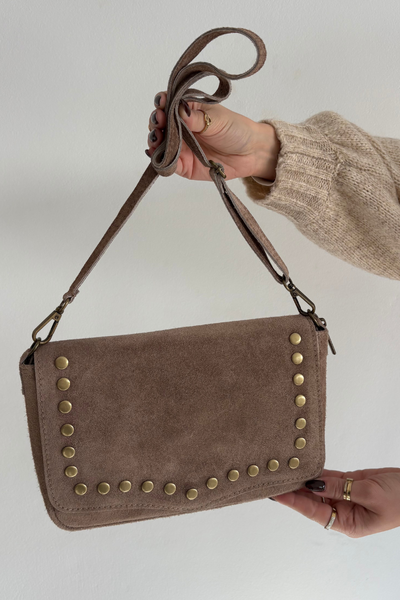 Suede Leather Bag With Rhinestones Beige Rhenna