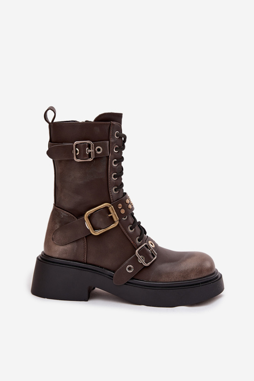 Insulated womens work boots with buckles brown Marisse