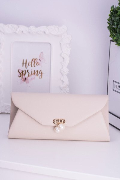 Beige Clutch Bag Gold Chain Pearls