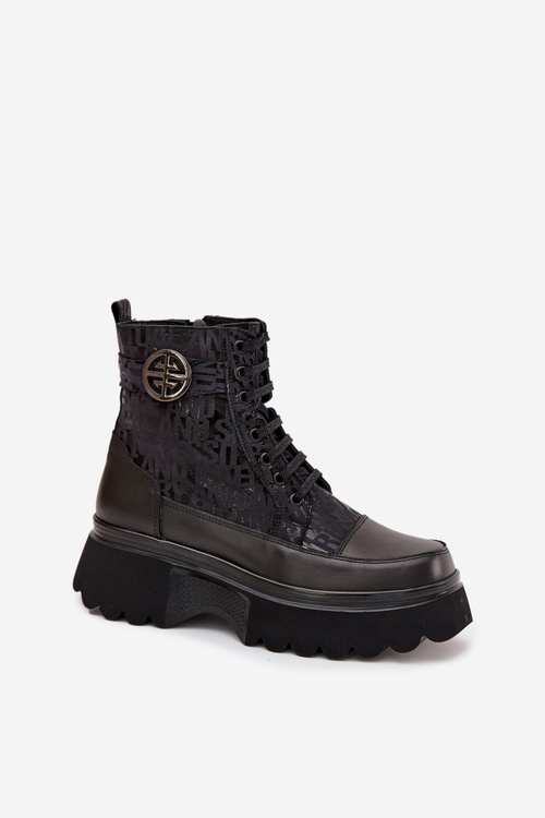 Leather Women's Platform Ankle Boots with Prints and Decorative Detail Artiker 57C2273 Black