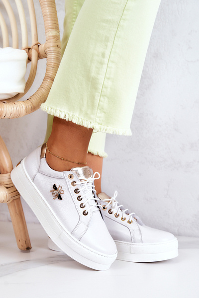 Buty Sportowe Skórzane Platforma Wiązane Białe Bellisia