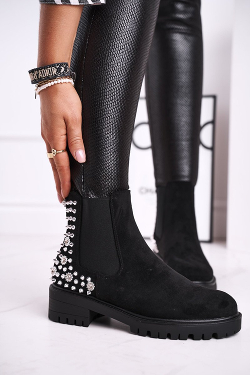 Women's Boots Silver Rivets Black Lady In Black