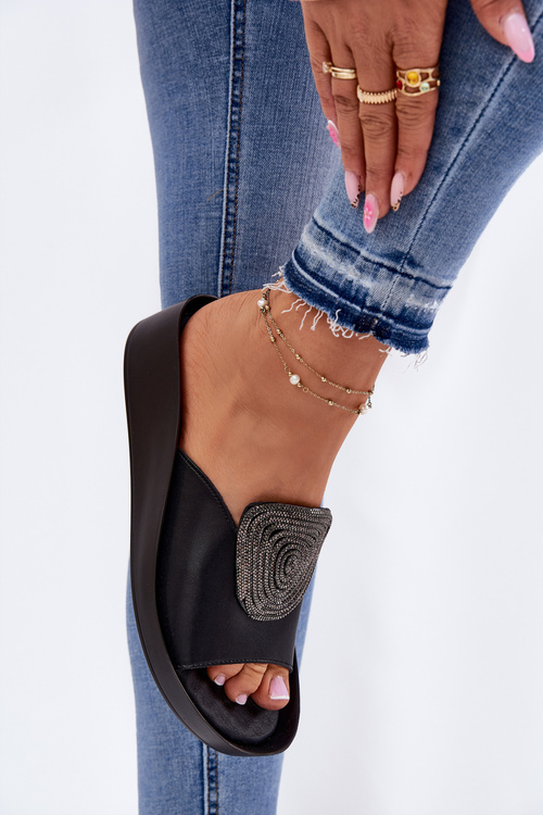 Leather Ladies Slippers With Decoration KV51-028 Black