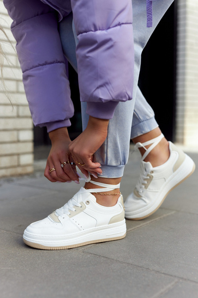 Buty Sportowe Damskie Wiązane Biało-Beżowe New Haven