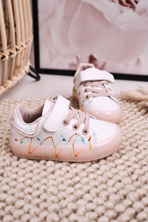Dziecięce Sportowe Buty Ze Świecącą Podeszwą LED Biało-Różowe Disco