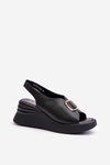 Black Women's Leather Wedge Sandals with Ornament Salvania