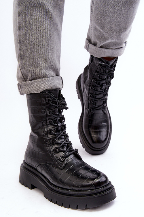 Women's Workery Boots with Decorative Embossing Black Tarolia