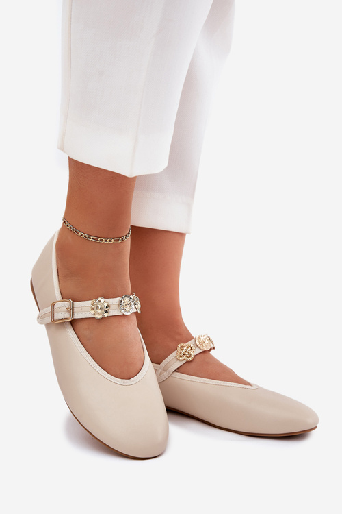 Women's Ballet Flats With Strap And Golden Studs Beige Firicene