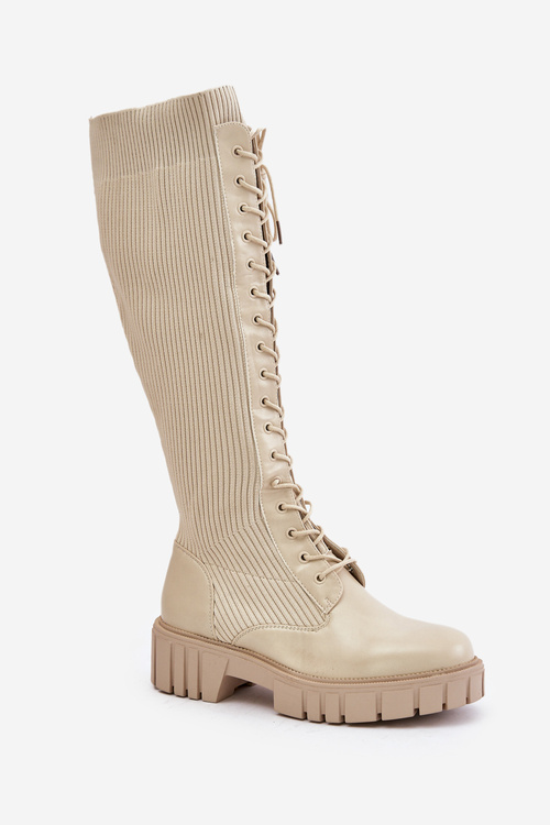 Women's Sock Boots with Laces on Flat Heel Beige Vamisha