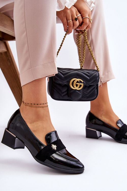 Patent Leather Low Heel Pumps With Embellishment Black Doria