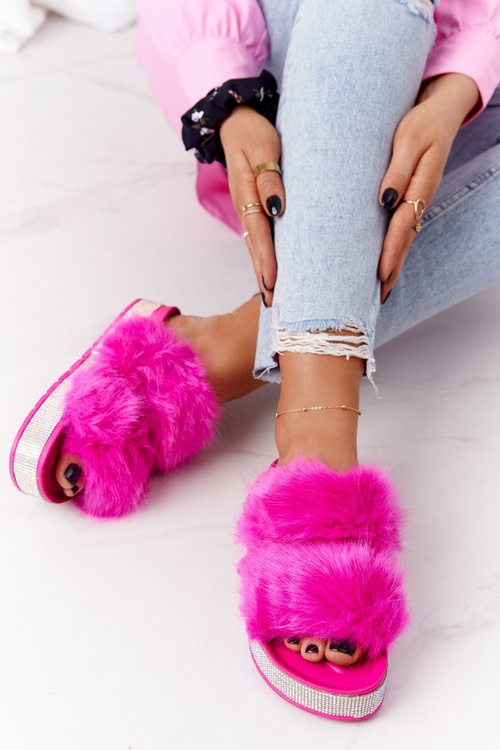 Platform Slippers With Fur And Cubic Zirconia Fuchsia Wow!