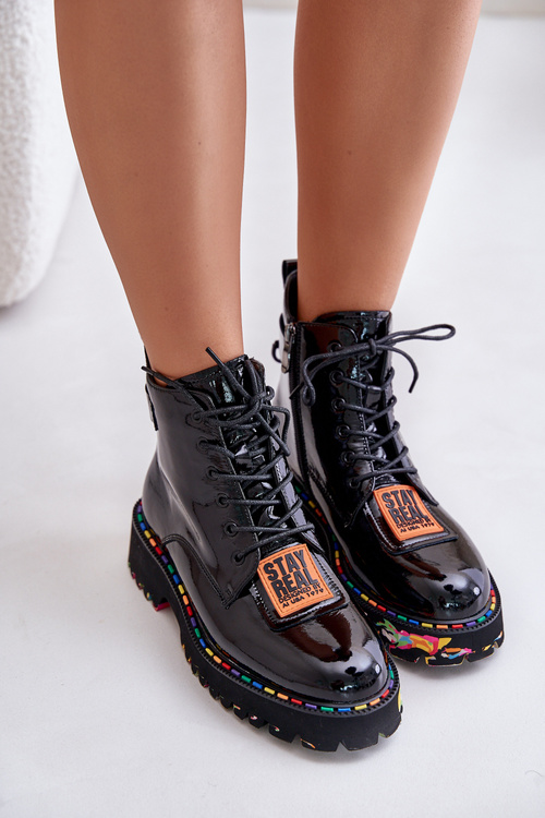 Botki Trapery Lakierowane Skórzane Damskie Czarne Artiker 55C0517