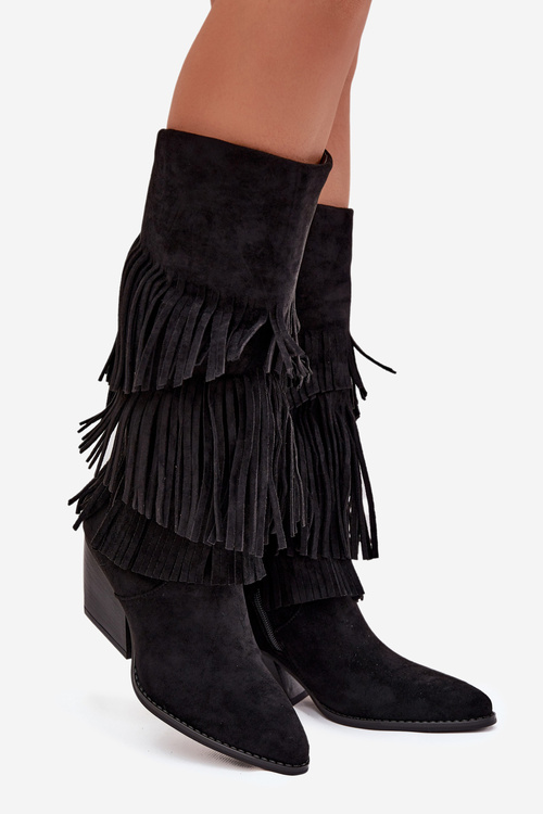 Heated Leather Cowboy Boots Women's With Fringes Black Brivina
