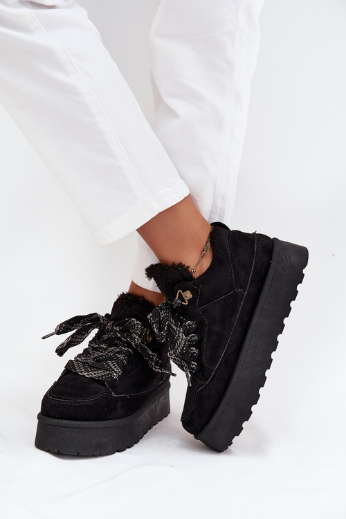 Lace-up Women's Snow Boots Platform Insulated with Fur Black Tavelle