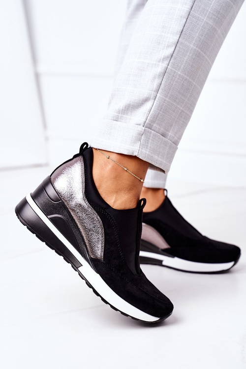 Wsuwane Sneakersy Na Koturnie Vinceza 10593 Czarno-Srebrne