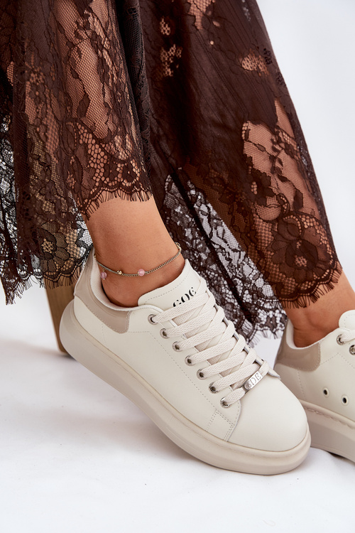 Leather Women's Sneakers On Platform Beige GOE RR2N4004