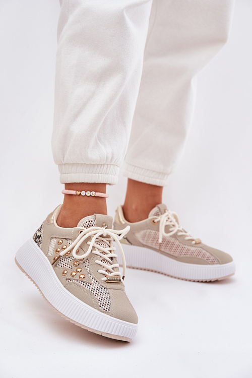 Women's Sports Shoes With Mesh And Studs Beige Ogalda