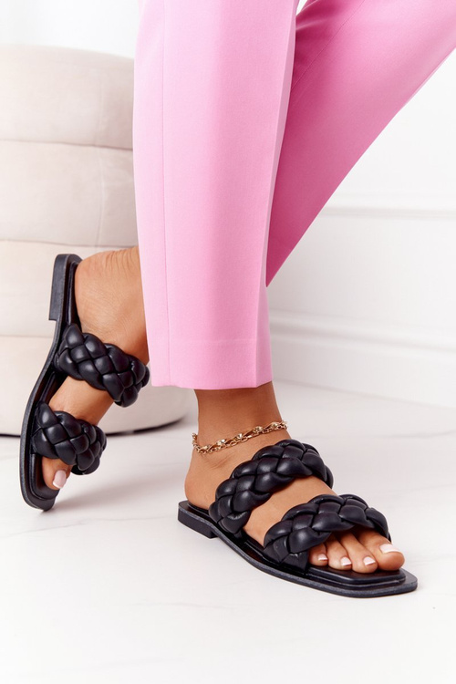 Leather Braided Slippers Black Love On Top