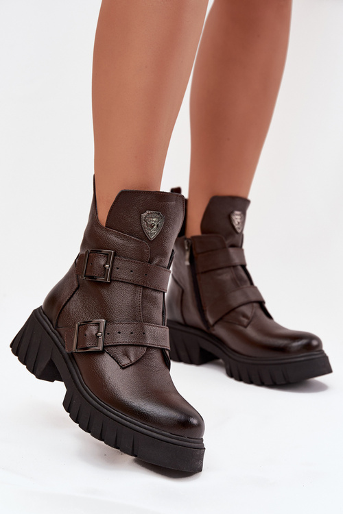 Leather Insulated Women's Boots With Buckles And Ornamental Detail Zazoo 60482 Chocolate