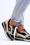 Buty Sportowe Damskie Sznurowane Koturn Czarno-Złote Genova 21PB35-4001